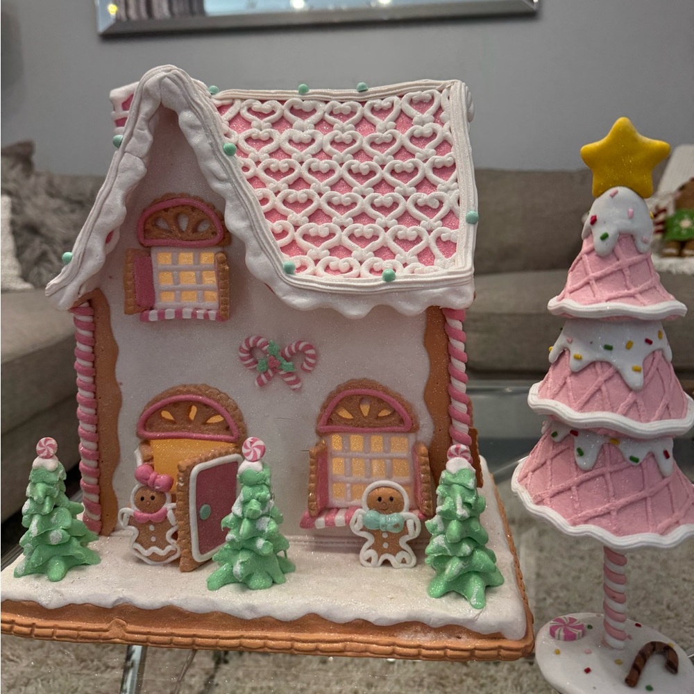 Pink and White Gingerbread House & Pink Tree